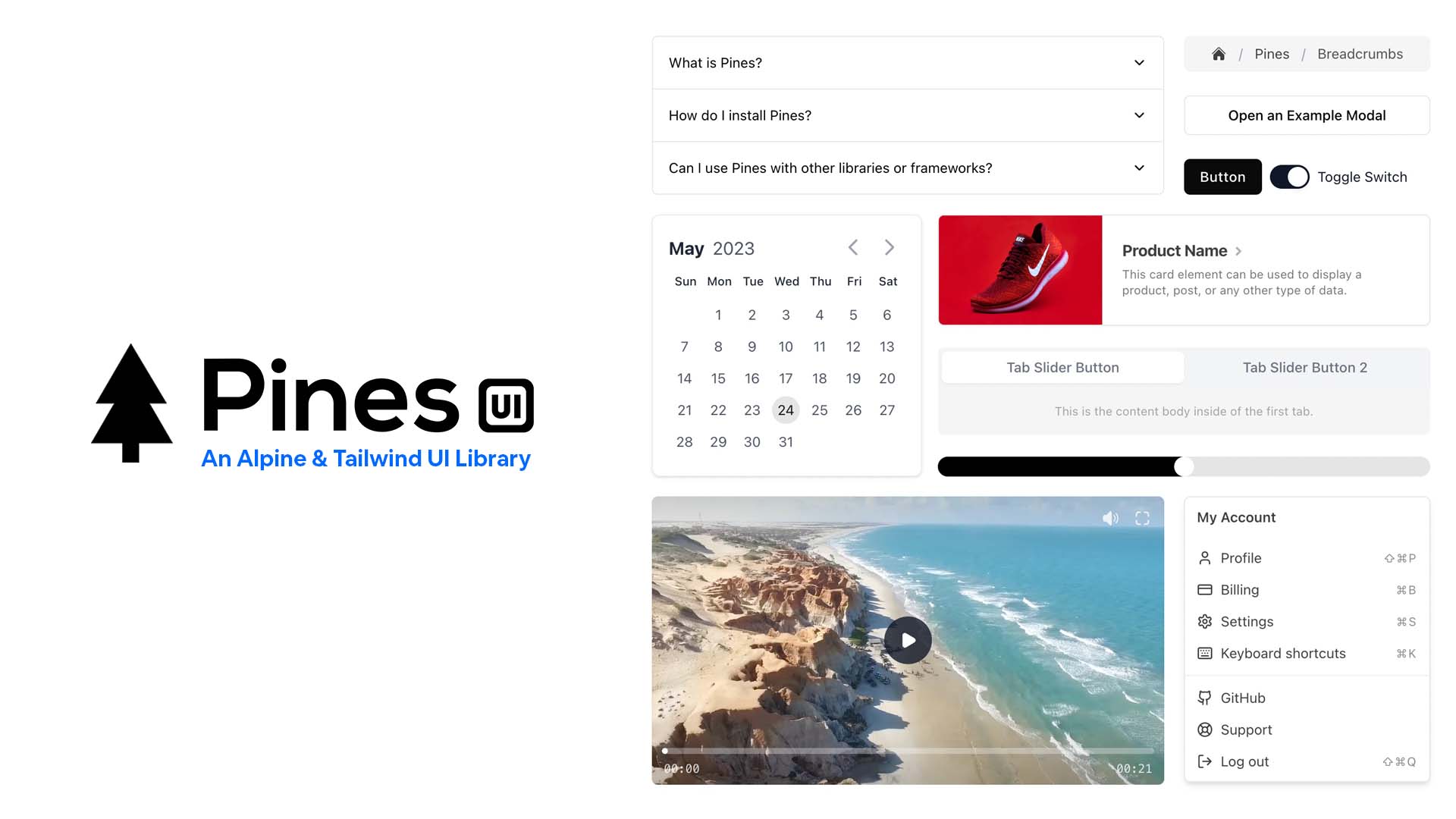 Pines UI 组件示例,包含按钮、手风琴、面包屑、选项卡、日期选择器等 Pines UI 组件示例,包含按钮、手风琴、面包屑、选项卡、日期选择器等